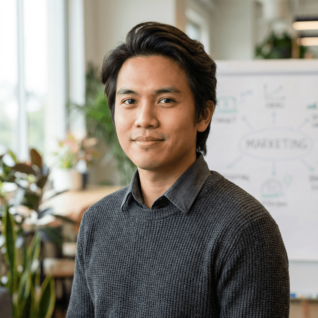 Marcus Chen in a casual blazer near a window
