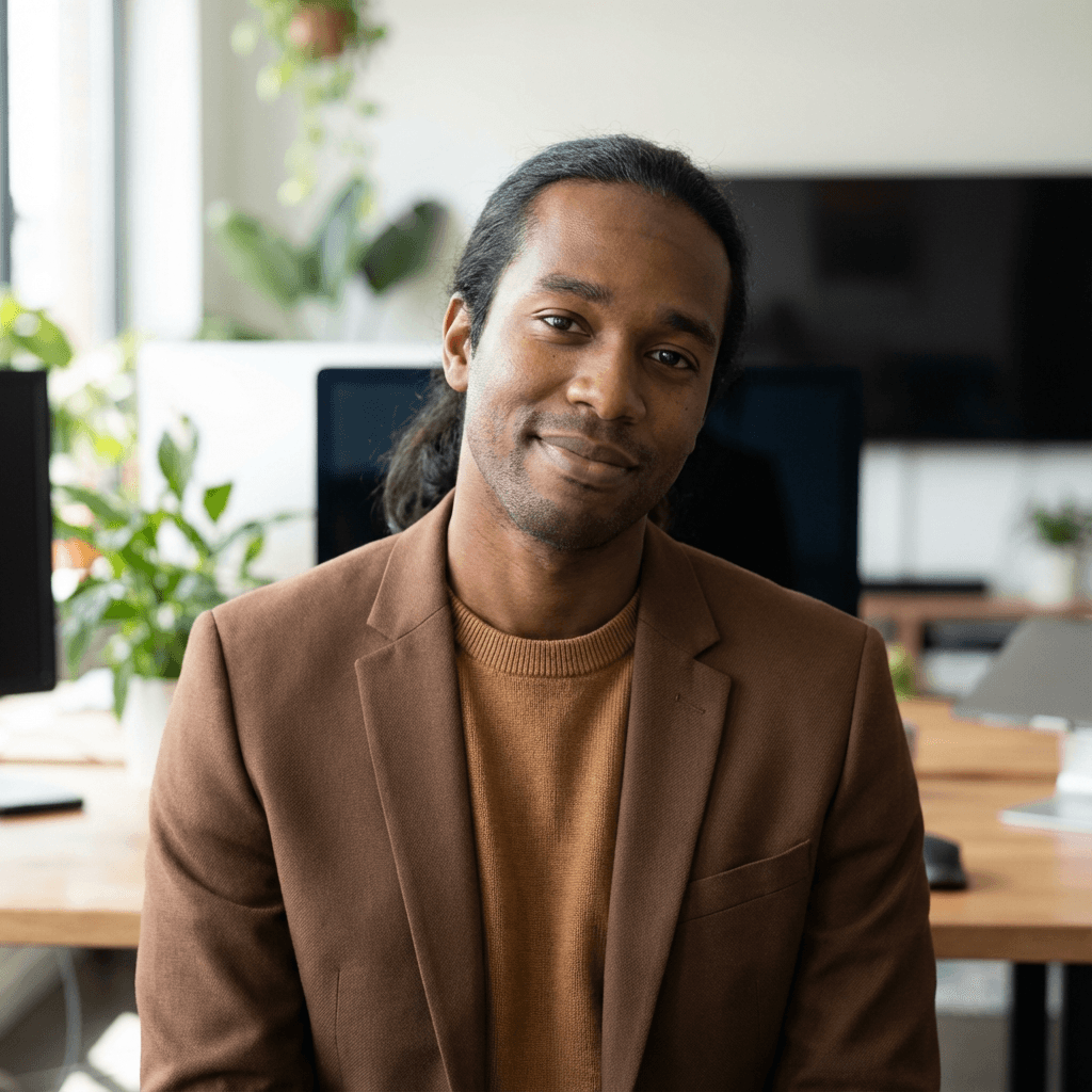 David Okonkwo smiling in a modern co-working space