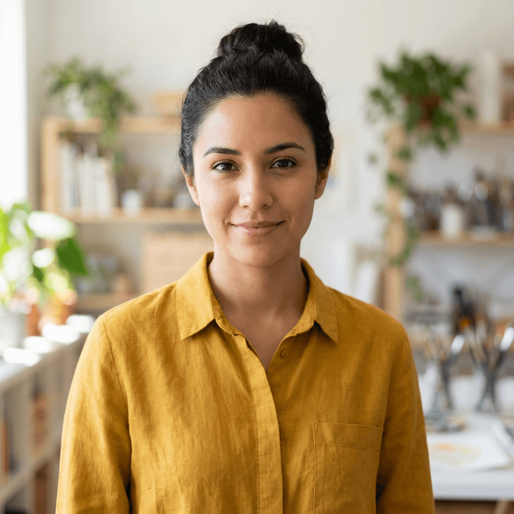 Emily Rodriguez at her workspace with a notebook