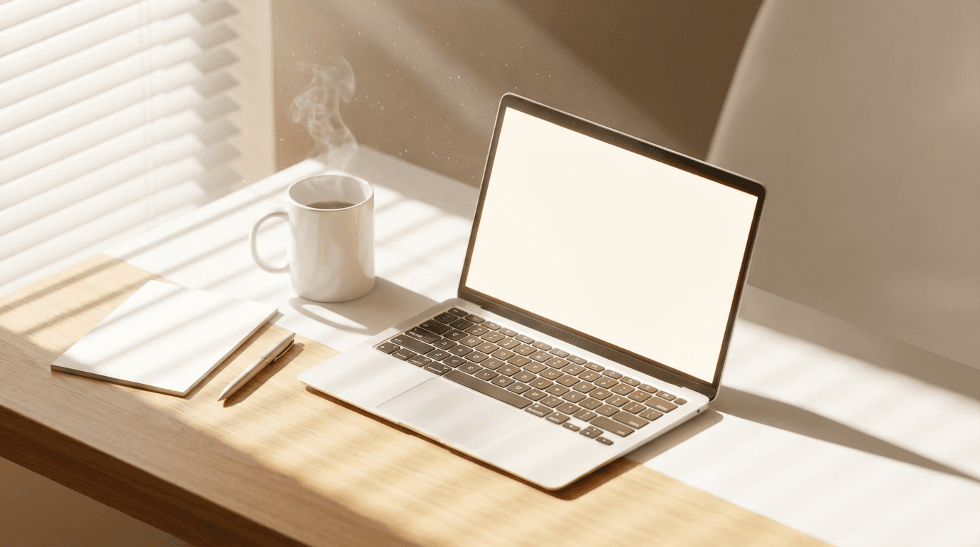 A tidy workspace with a laptop, notebooks, and a coffee mug ready for content planning
