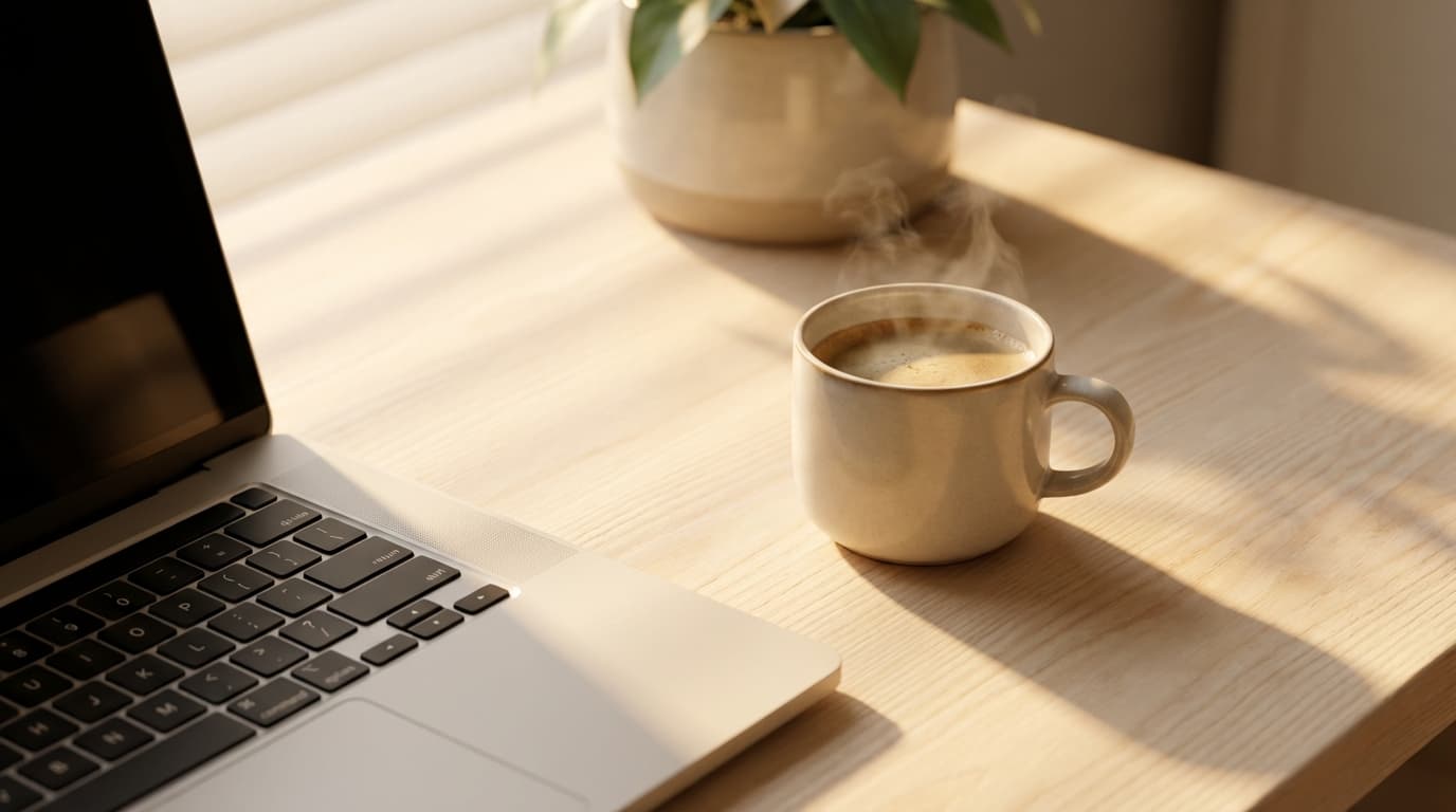 Cozy, sunlit desk with a laptop and open notebook ready for planning